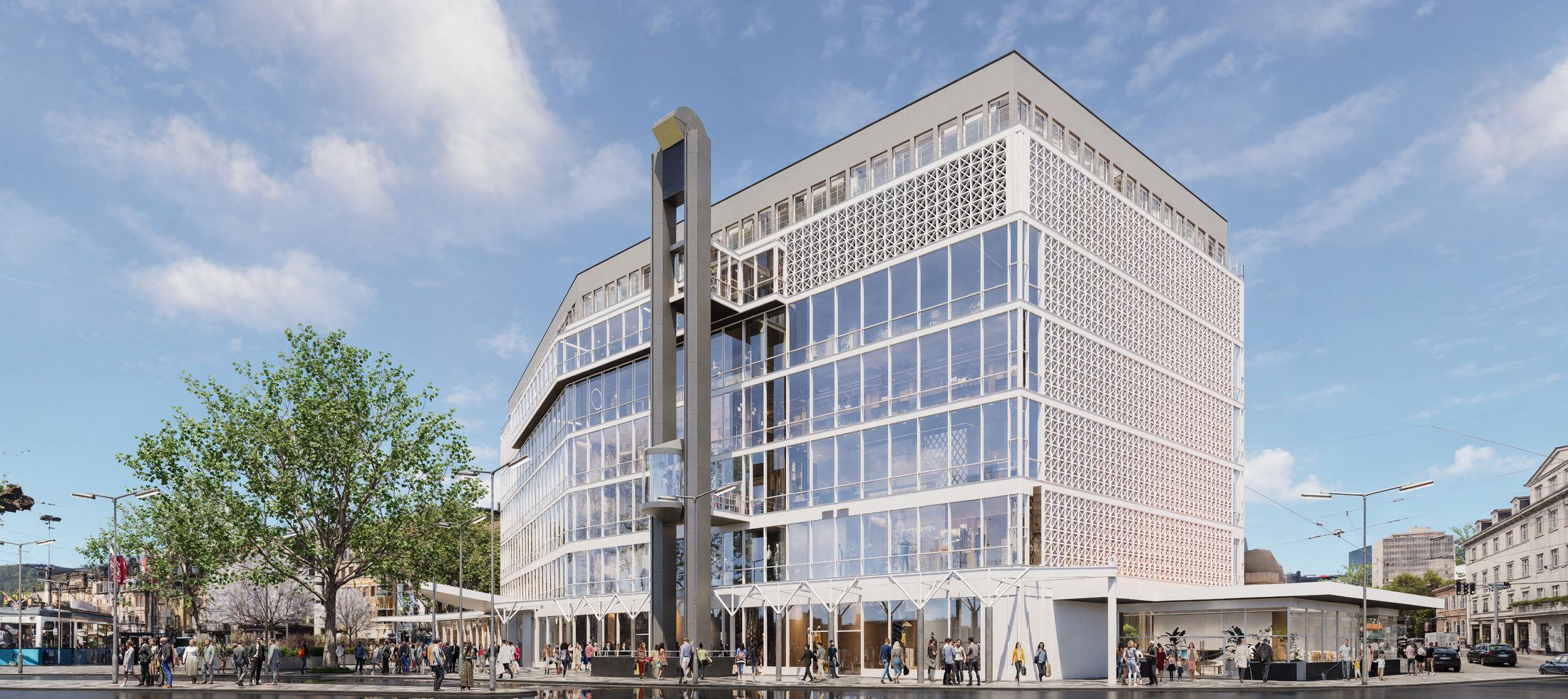 Geschäftshaus mit Glasfassade an einem Stadtplatz, Außenvisualisierung