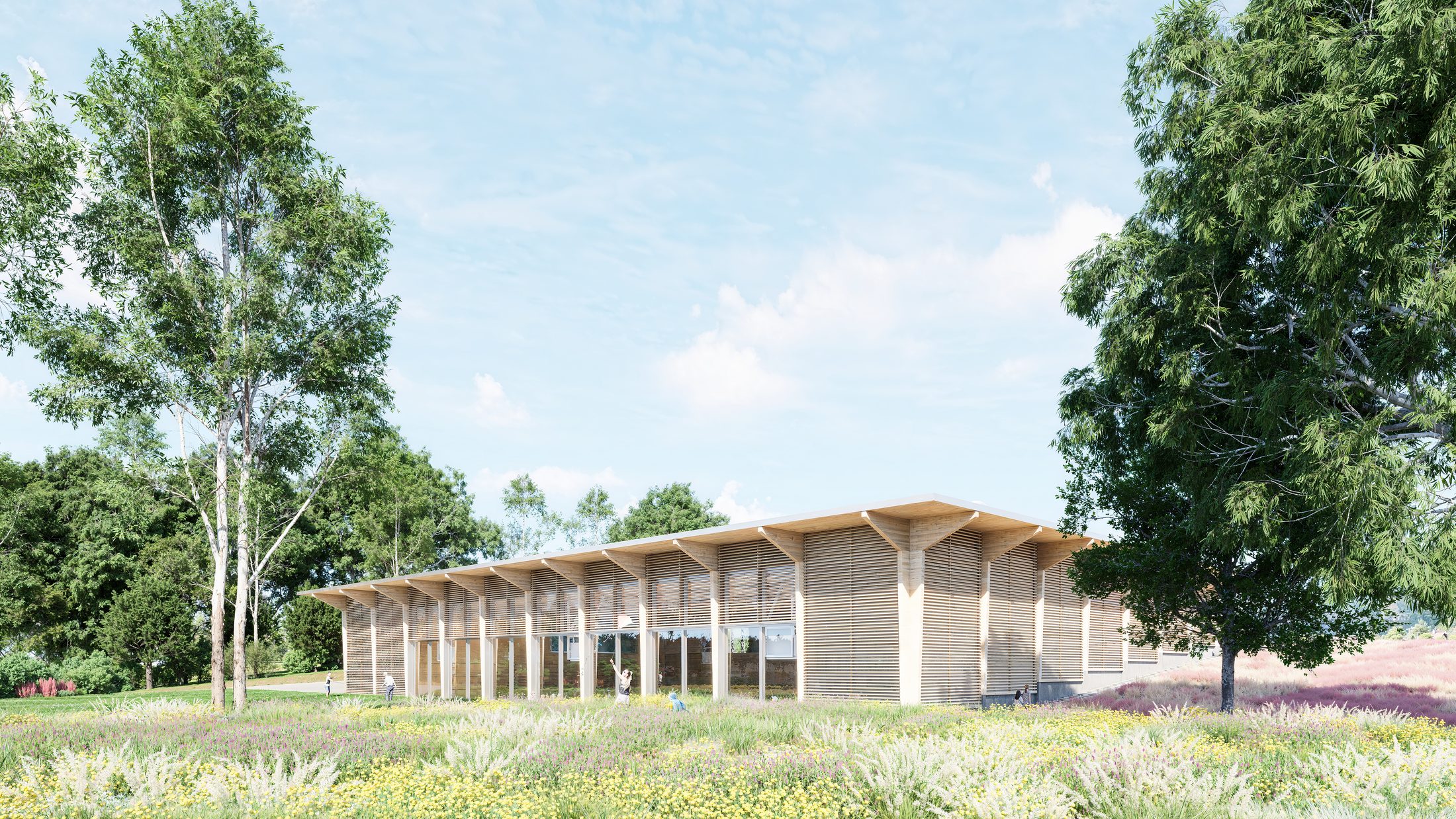 Holzpavillon zwischen Birken und Blumenwiese