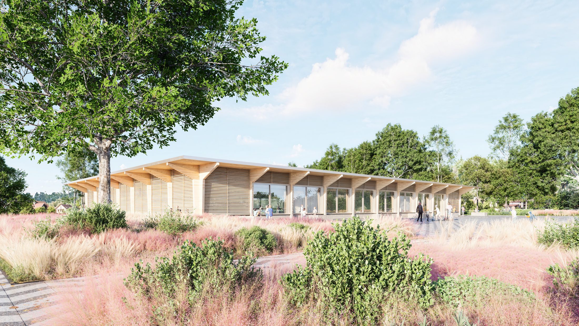 Holzpavillon mit Vordach in einer Wiesenlandschaft