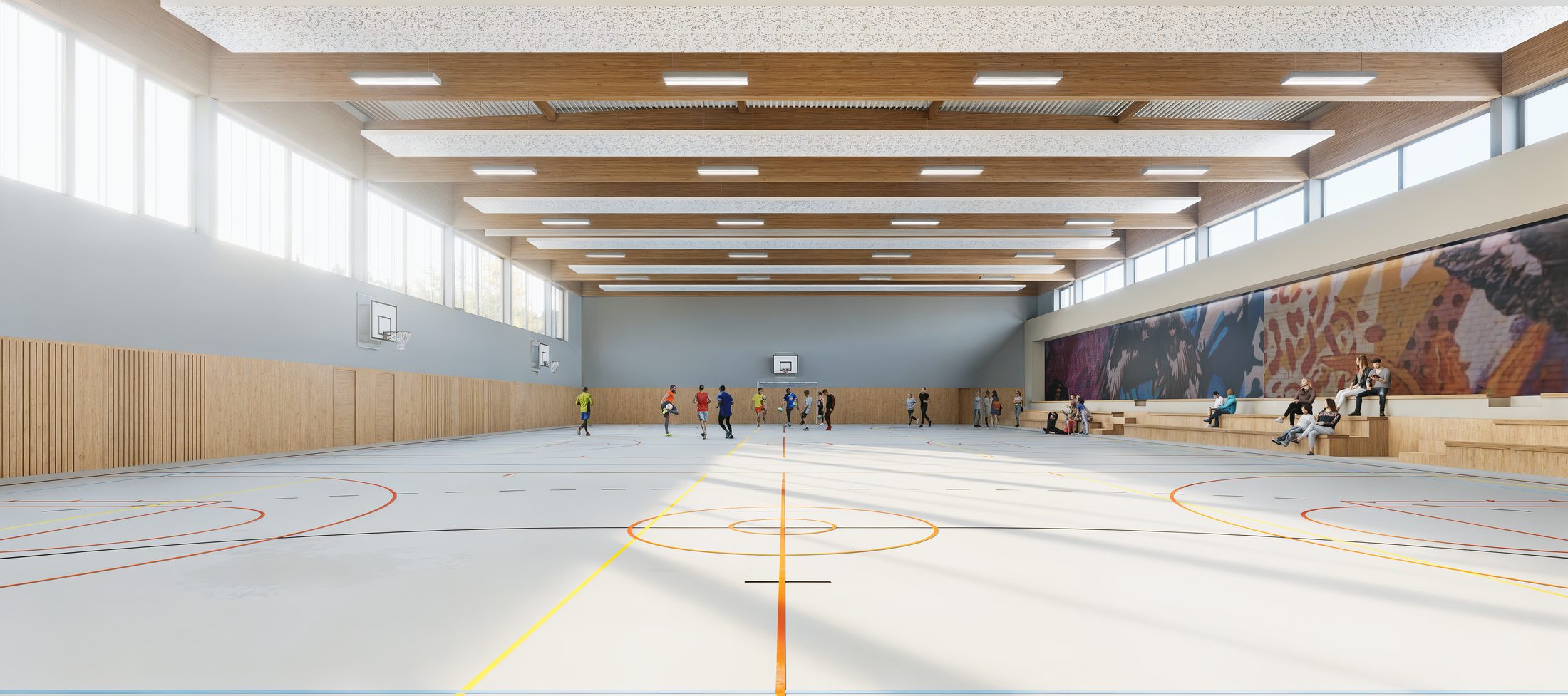 Sporthalle innen mit Holzdecke und Wandbild