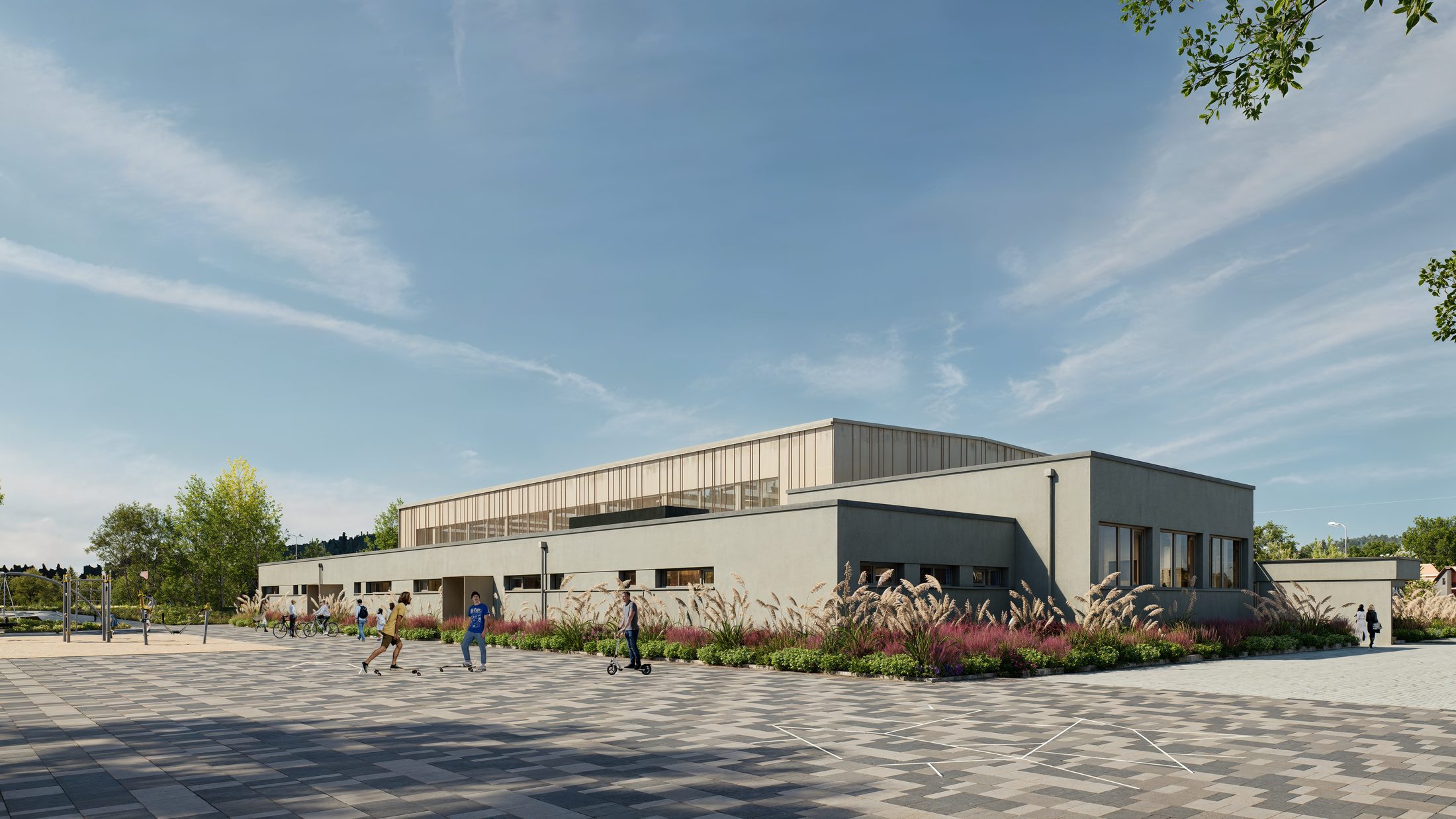 Sporthalle mit Platzfläche und Bepflanzung