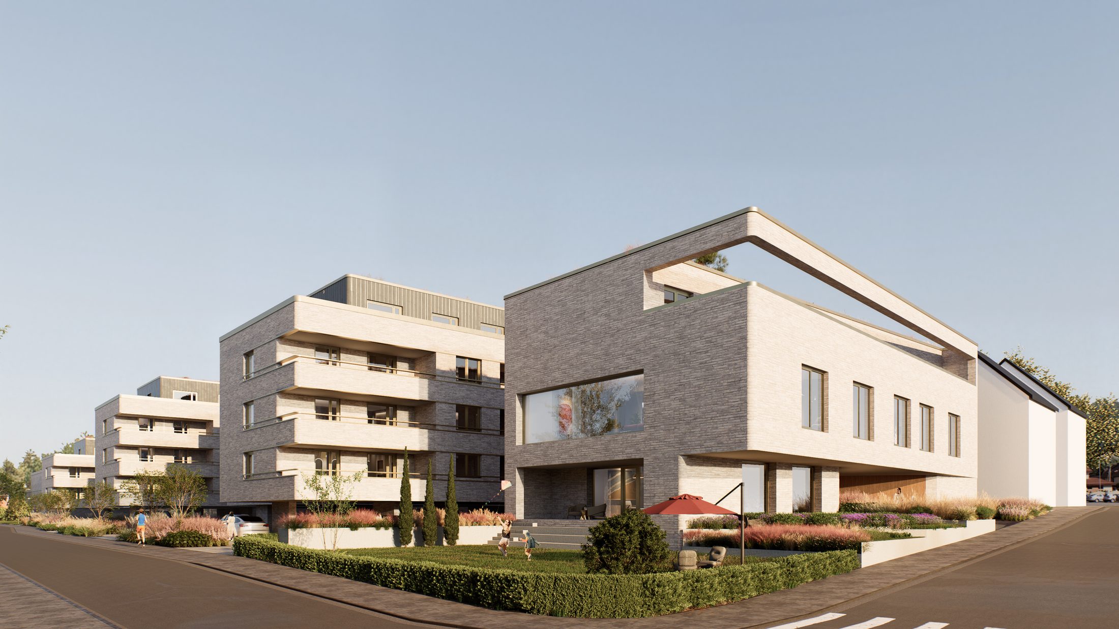 Wohnanlage mit Klinkerfassade an einer Straßenecke