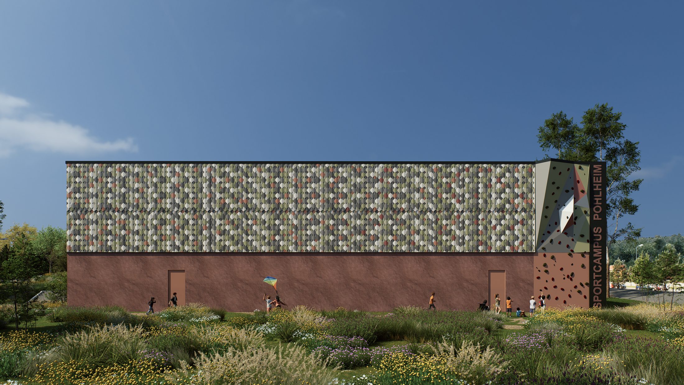 Sportcampus mit Fassade aus Keramikfliesen, Gräser im Vordergrund