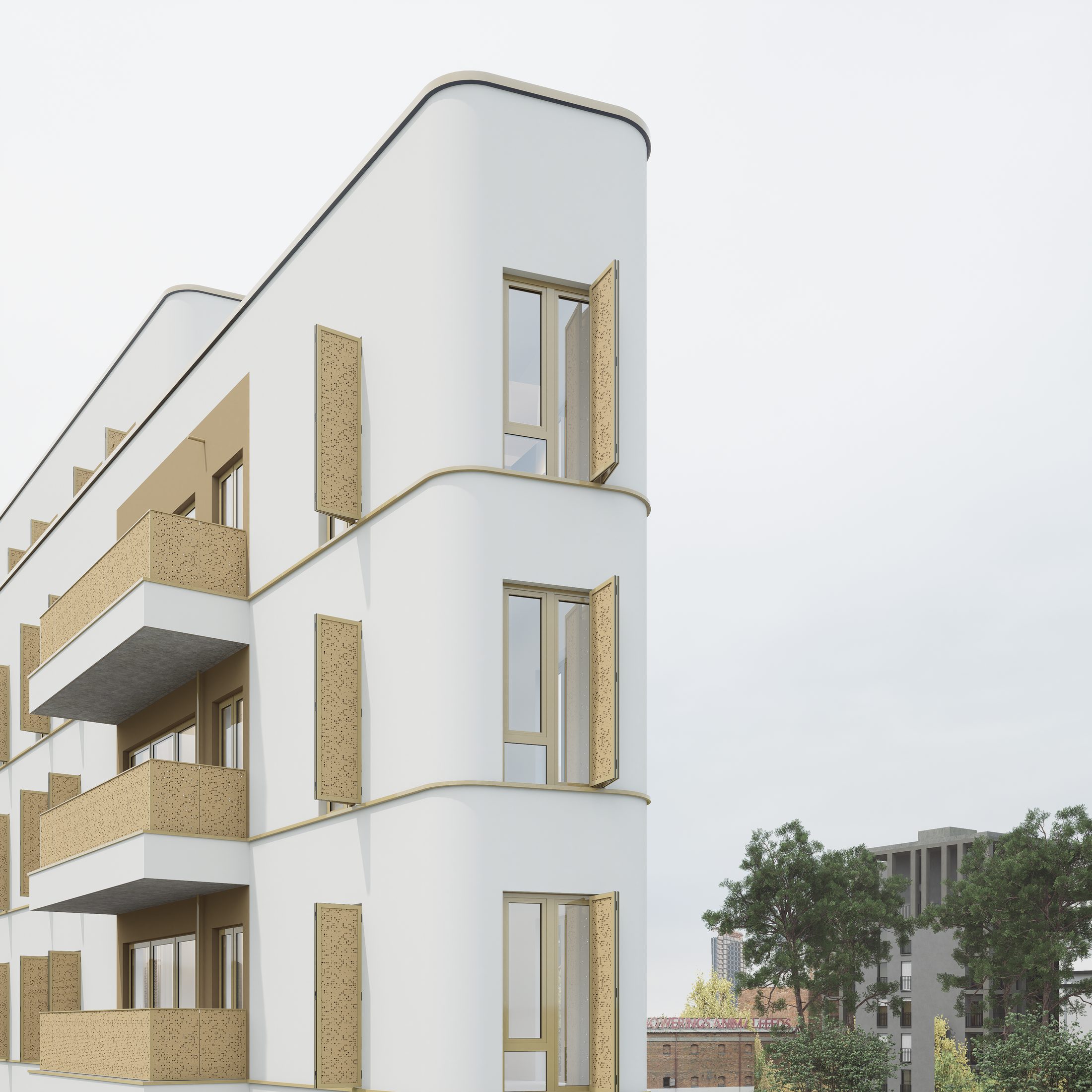 Weißes Wohngebäude mit gerundeten Balkonen und Holzdetails